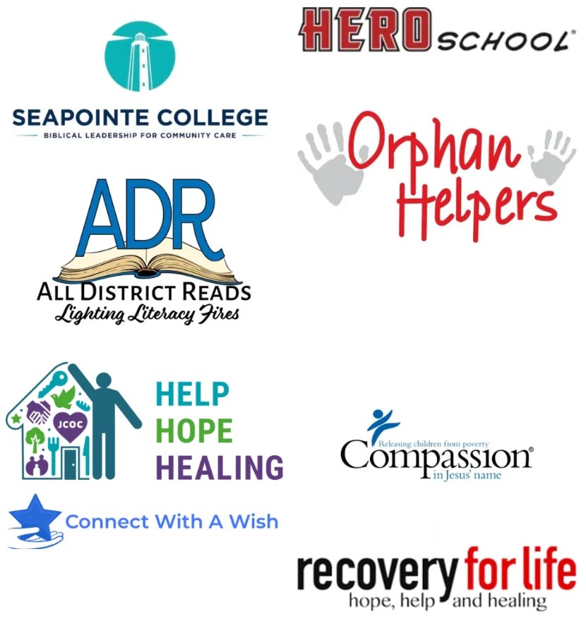 Partner logos: Seapointe College, HERO School, All District Reads, Orphan Helpers, JCOC Help Hope Healing, Connect With A Wish, Compassion International, Recovery for Life